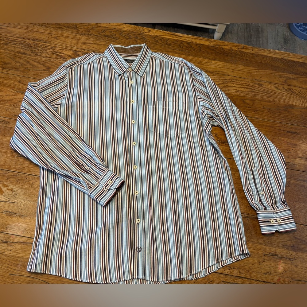 Bugatchi Uomo Y2K Blue, Teal, Brown Casual Button Down Flip Cuff Dot Shirt XXL